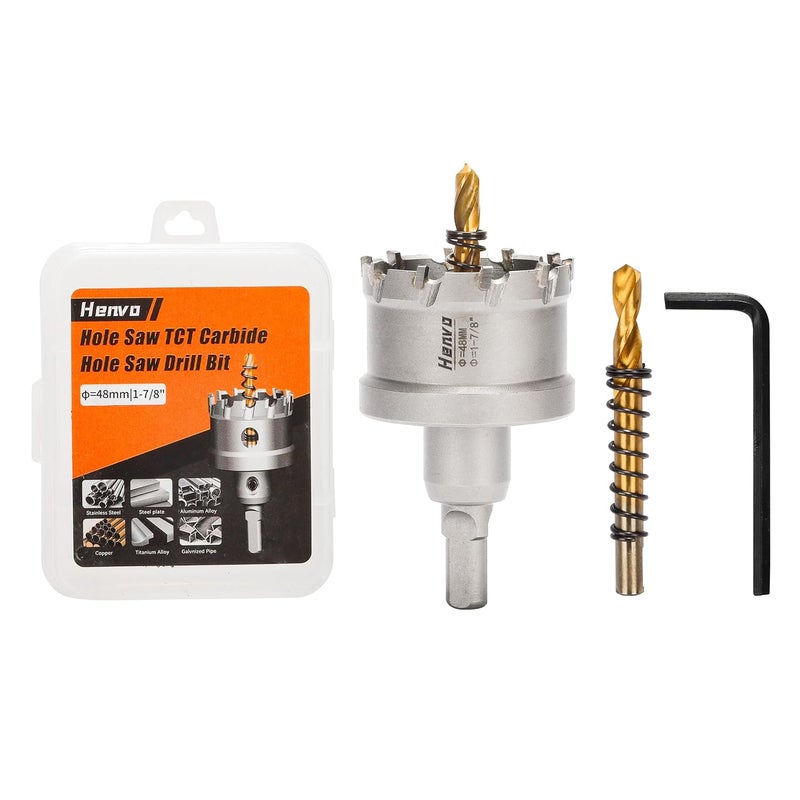 Henvo Hole Saw 1-7/8" (48mm) Heavy Duty Carbide with 2 Pilot Drill Bits - Metal Hole Cutter Cuts Stainless Steel, Iron, Copper, Brass, Plastic - Image 1